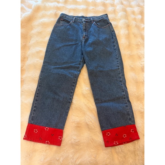 Baccini Denim - Baccini Vintage High Waisted Bandana Cuff Jeans Red Floral Contrast Stitch 6